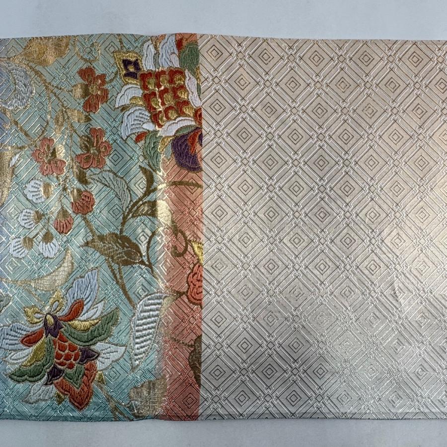 袋帯 秀品 花唐草 段縞 刺繍 金銀糸 サーモンピンク 六通 正絹 中古 