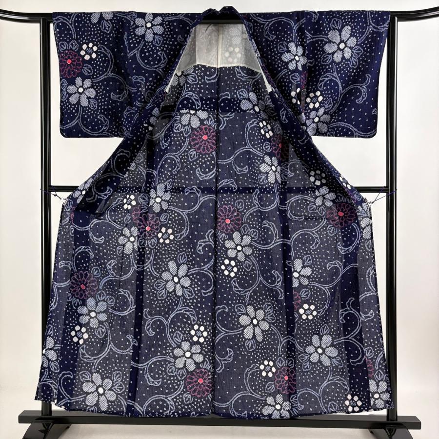 美品 浴衣 身丈157cm 裄丈62cm S 絞り浴衣 花唐草 紺色 綿 名品 中古