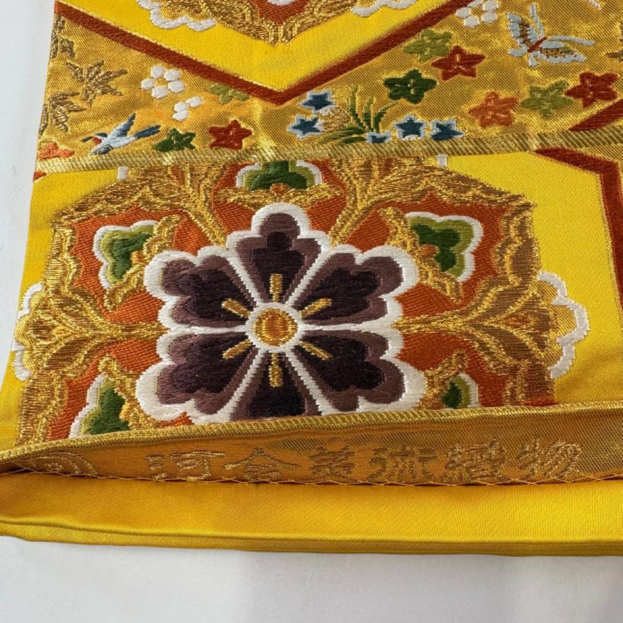袋帯 名品 河合美術織物 落款あり 亀甲華文 鳥 金糸 箔 山吹色 六通 正絹 中古_2