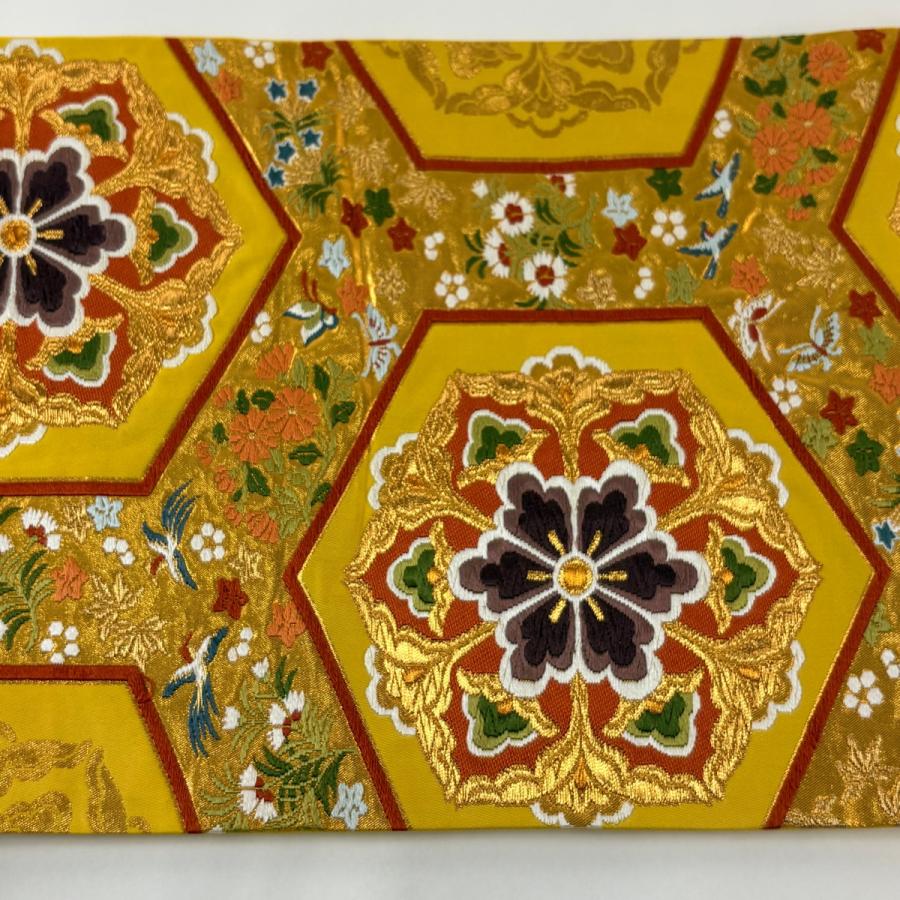 袋帯 名品 河合美術織物 落款あり 亀甲華文 鳥 金糸 箔 山吹色 六通 正絹 中古_3