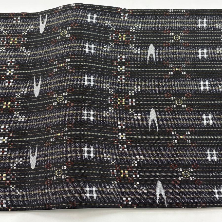 美品 袋帯 名品 縞 幾何学模様 黒 六通 正絹 中古_2