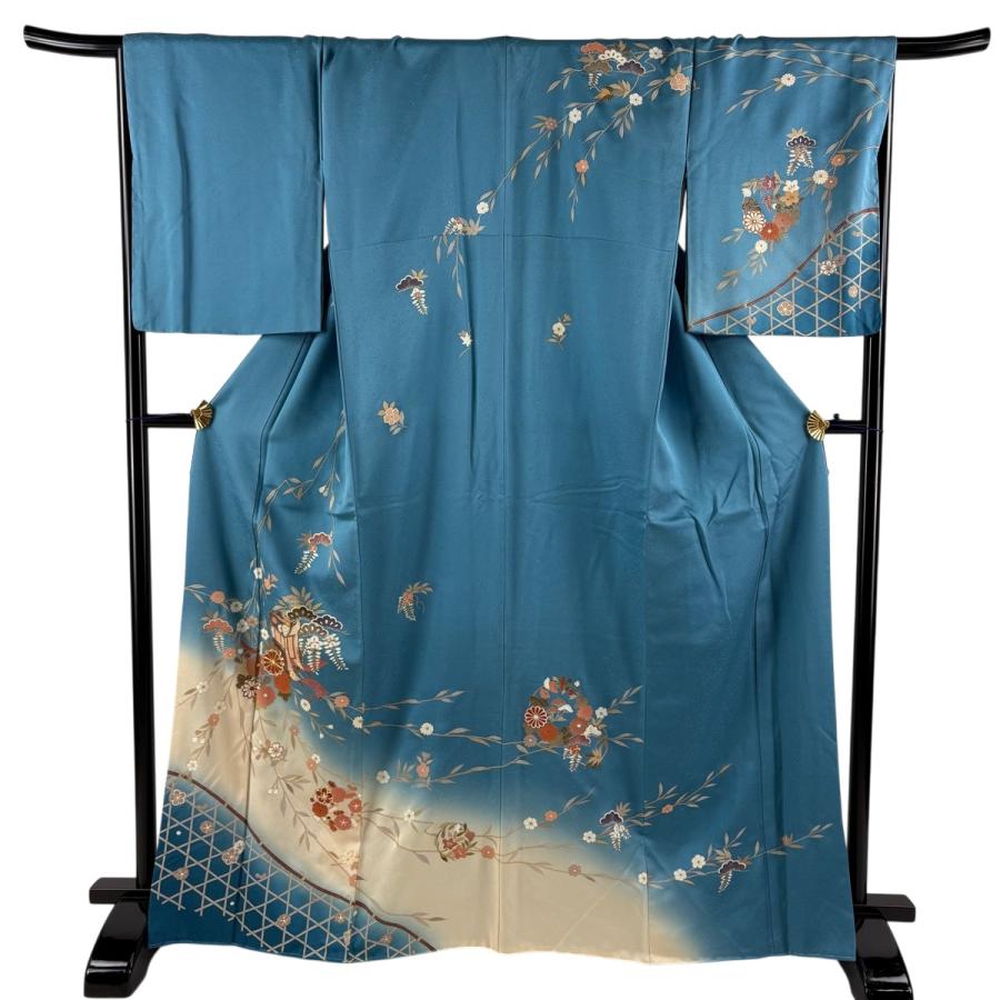 訪問着 身丈167cm 裄丈70cm L 袷 御所車 桜 金糸 金彩 青 正絹 秀品