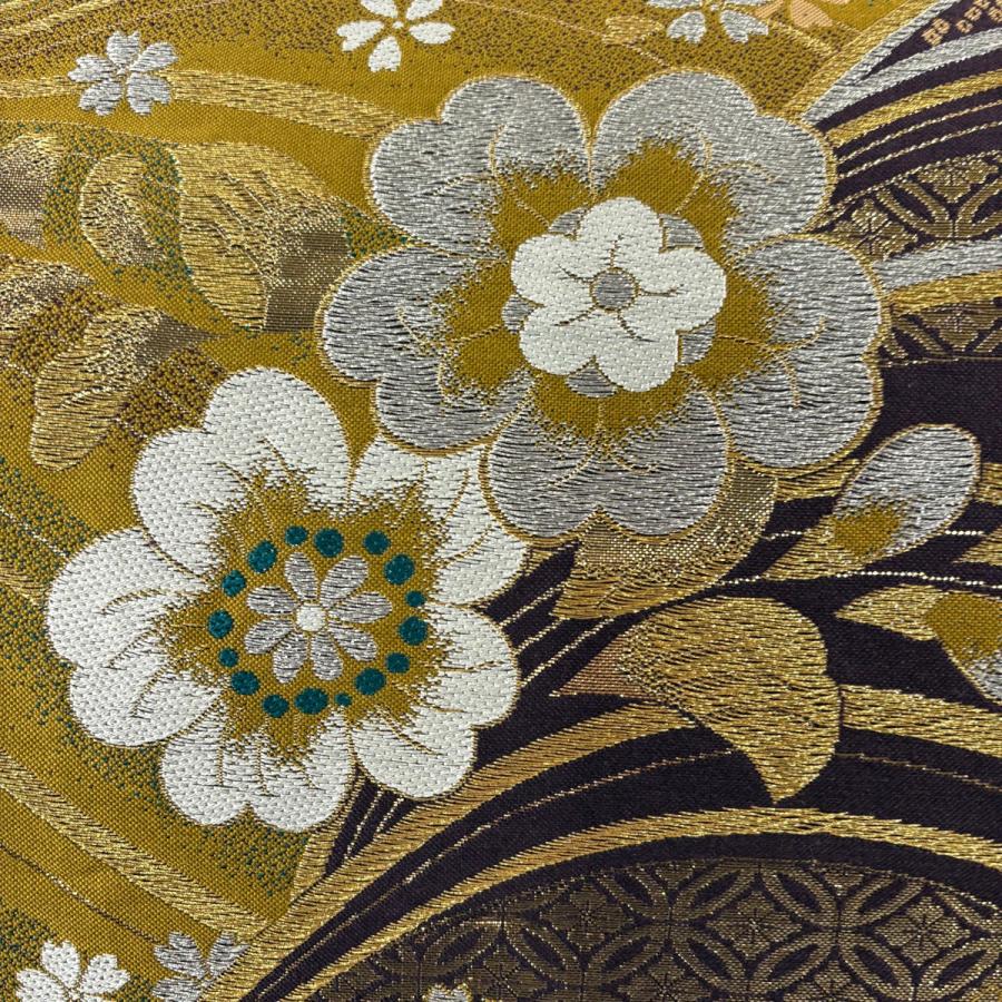 美品 袋帯 秀品 よろけ縞 金銀糸 金色 全通 正絹 中古 美品