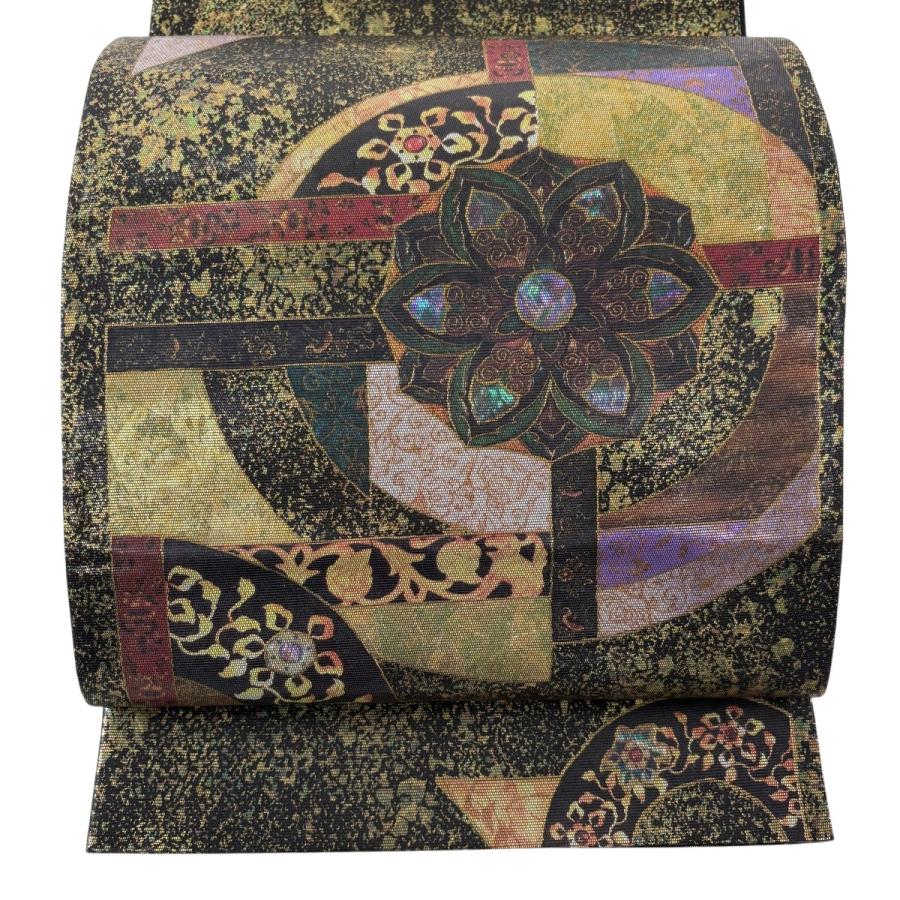 美品 袋帯 秀品 華文 幾何学 螺鈿箔 箔 黒灰 お太鼓柄 正絹 中古