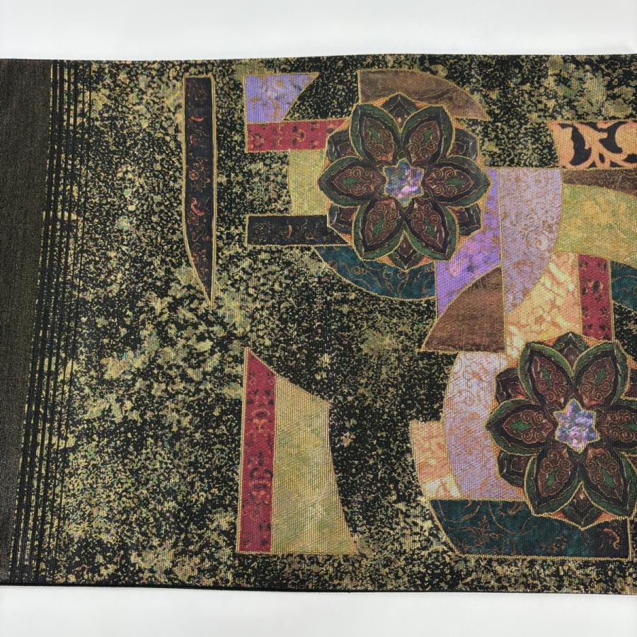 美品 袋帯 秀品 華文 幾何学 螺鈿箔 箔 黒灰 お太鼓柄 正絹 中古