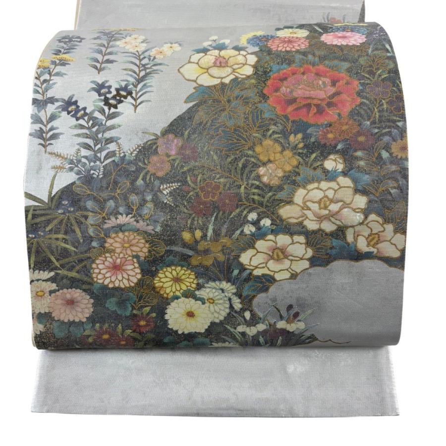 袋帯 秀品 草花 螺鈿箔 箔 銀色 お太鼓柄 正絹 中古 : リユース