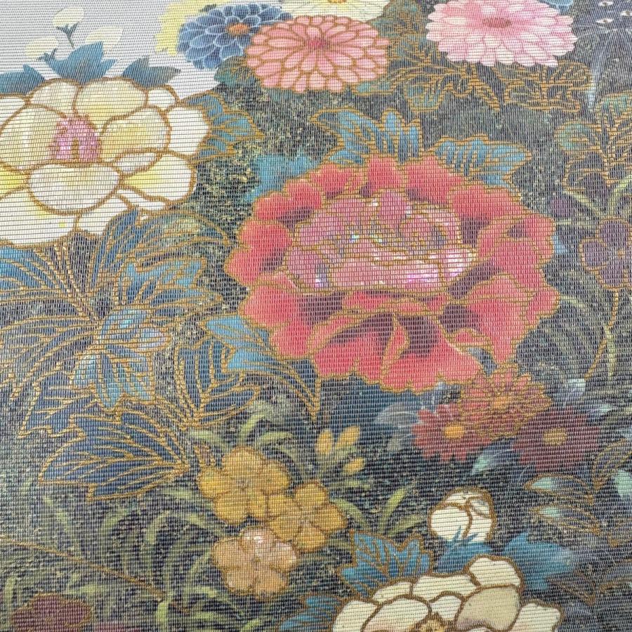 袋帯 秀品 草花 螺鈿箔 箔 銀色 お太鼓柄 正絹 中古 : リユース