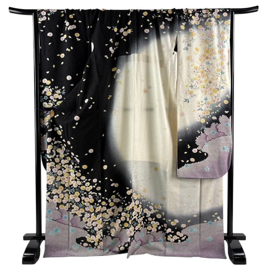 振袖 身丈171.5cm 裄丈72cm L 袷 やまと 桜 花びら 箔 ぼかし 黒 正絹