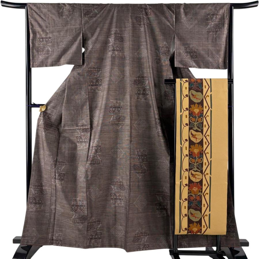 美品 紬 身丈163cm 裄丈66cm M 袷 名古屋帯セット 鳳凰 幾何学模様 焦