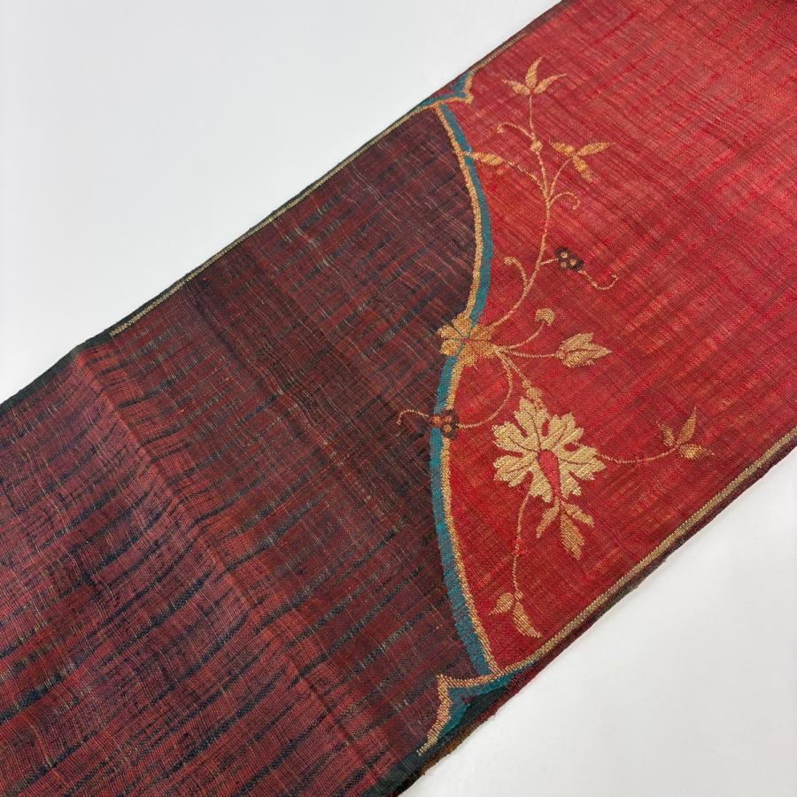 美品 袋帯 逸品 渡文 落款あり 夏帯 草花 金銀糸 赤 お太鼓柄 正絹 中古_5