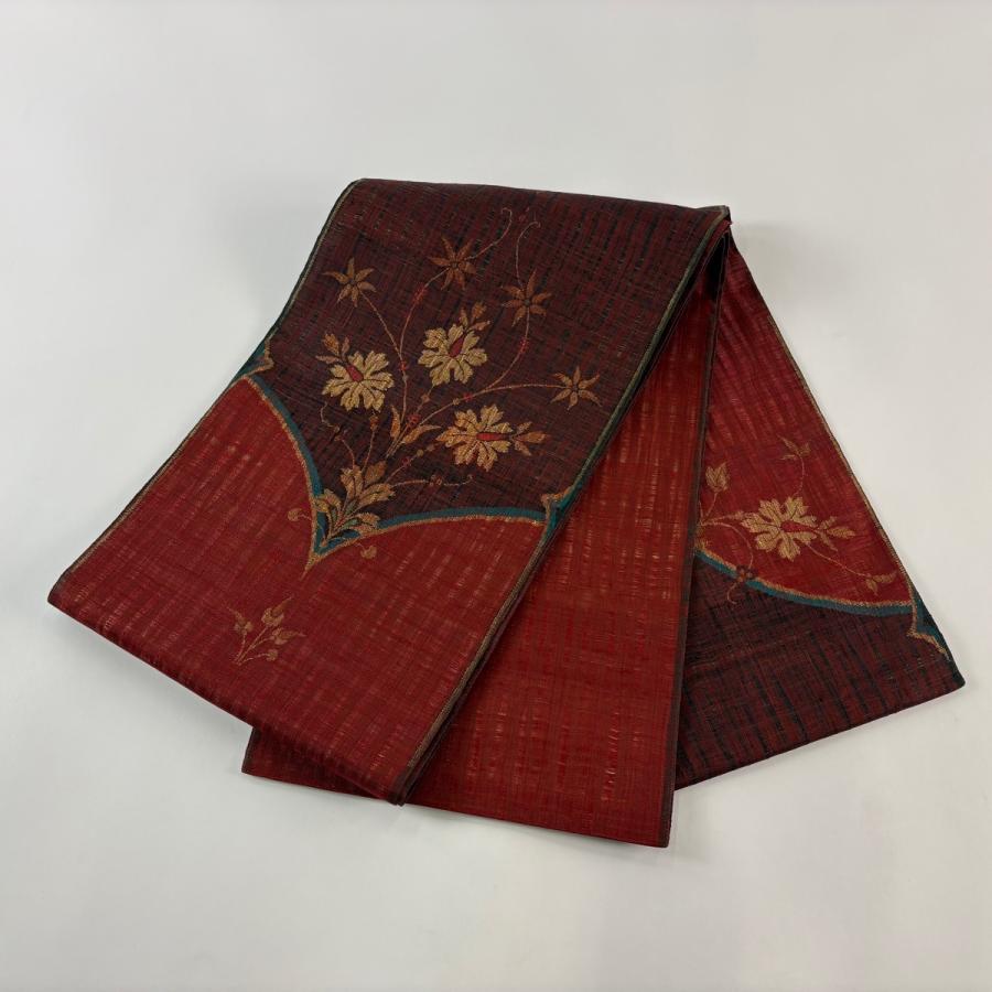 美品 袋帯 逸品 渡文 落款あり 夏帯 草花 金銀糸 赤 お太鼓柄 正絹 中古_6