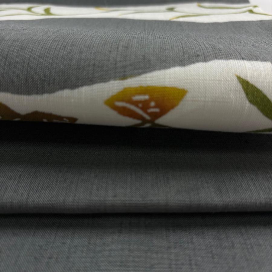 美品 名古屋帯 逸品 落款あり 下平清人 紬地 草花 灰緑 正絹 中古_2
