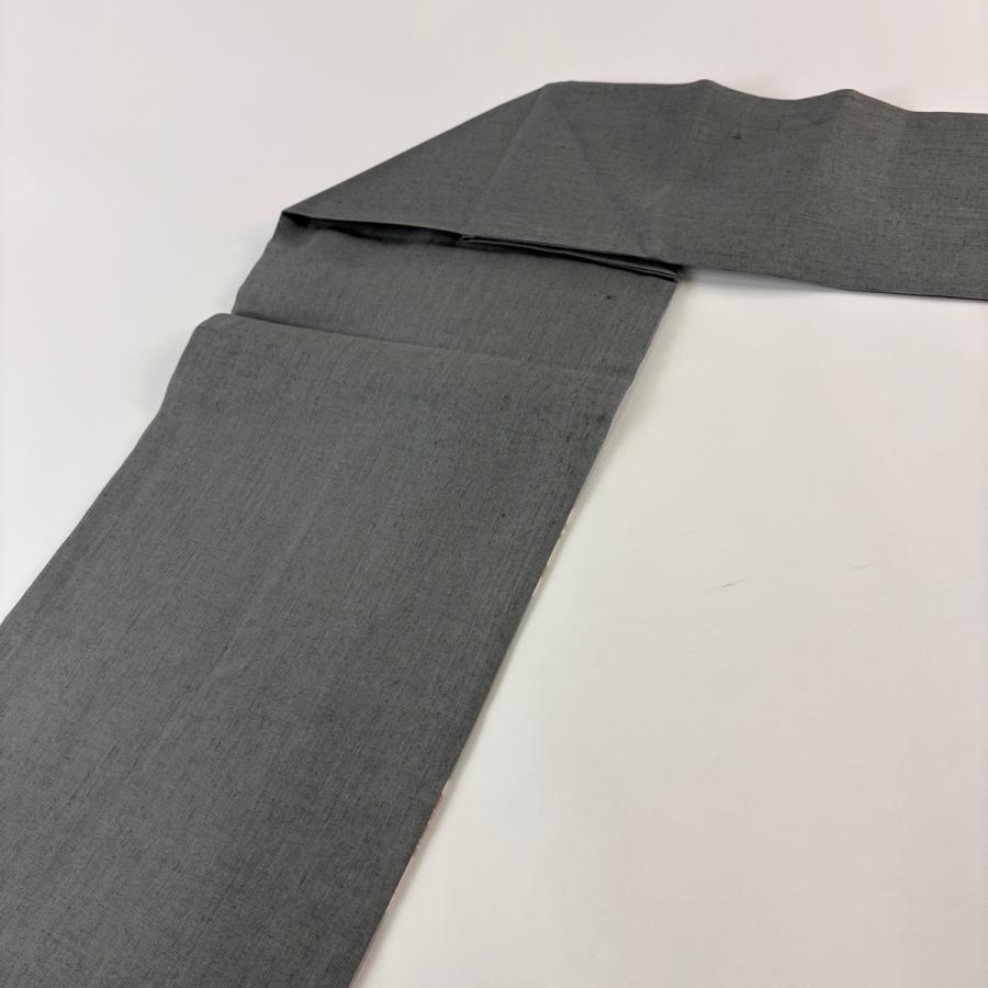 美品 名古屋帯 逸品 落款あり 下平清人 紬地 草花 灰緑 正絹 中古_5