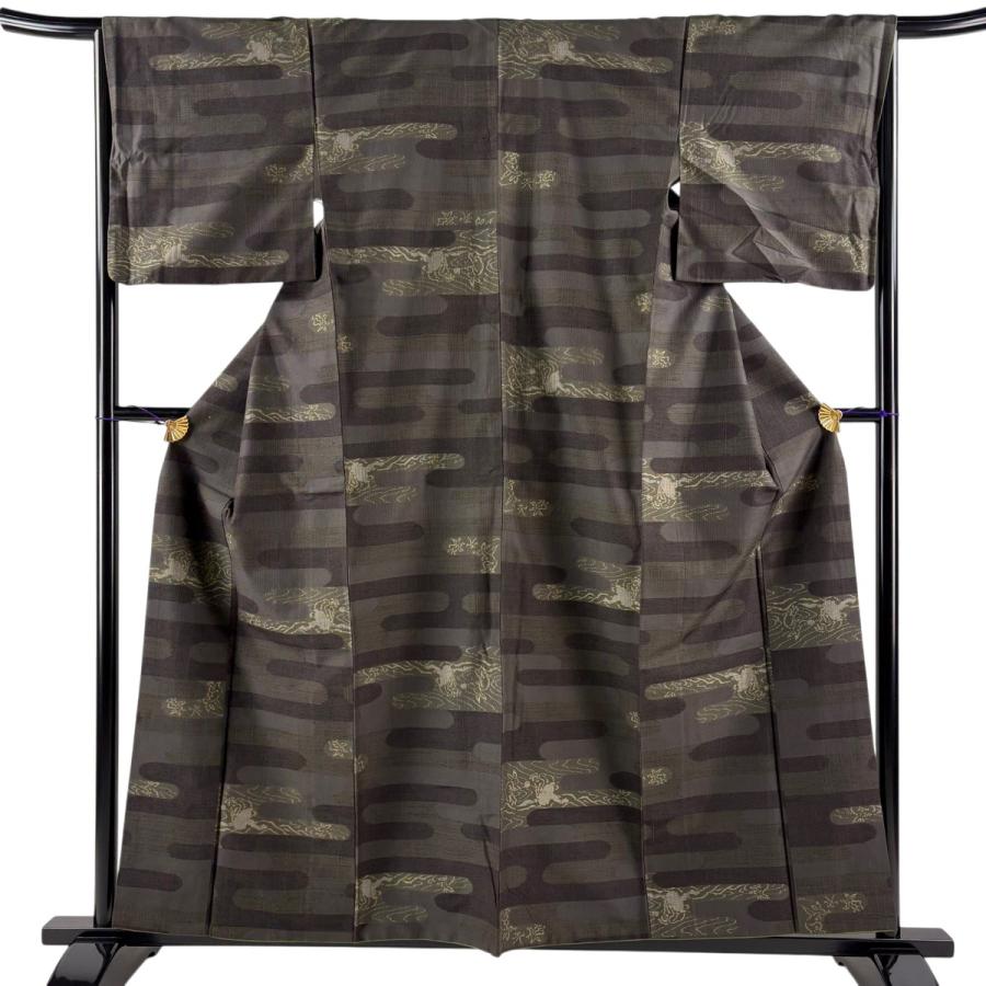 美品 紬 身丈158cm 裄丈65cm M 袷 鳥獣戯画 ヱ霞 深緑 正絹 名品 中古