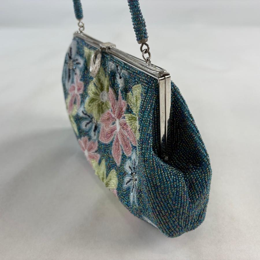 レトロ 和装 ビーズバッグ 花柄 中古品 菊 フォーマル 和装バッグ 優品 ビーズバッグフォーマル 花 青緑 ビーズ 和装小物