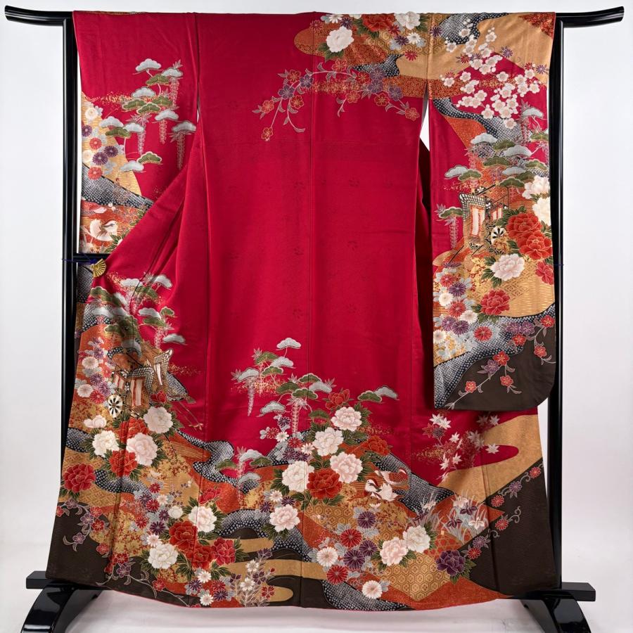 【振袖フルセット】身丈160.5cm 裄丈63cm 御所車 椿 金彩 赤 振袖 身丈160.5cm 裄丈63cm S 袷 袋帯フルセット 御所車 椿 金彩 赤