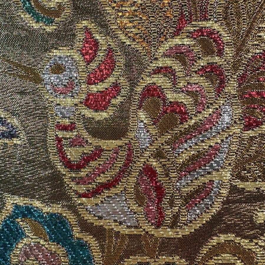 美品 袋帯 秀品 振袖向き 草花 鳥 金糸 箔 金色 六通 正絹 中古