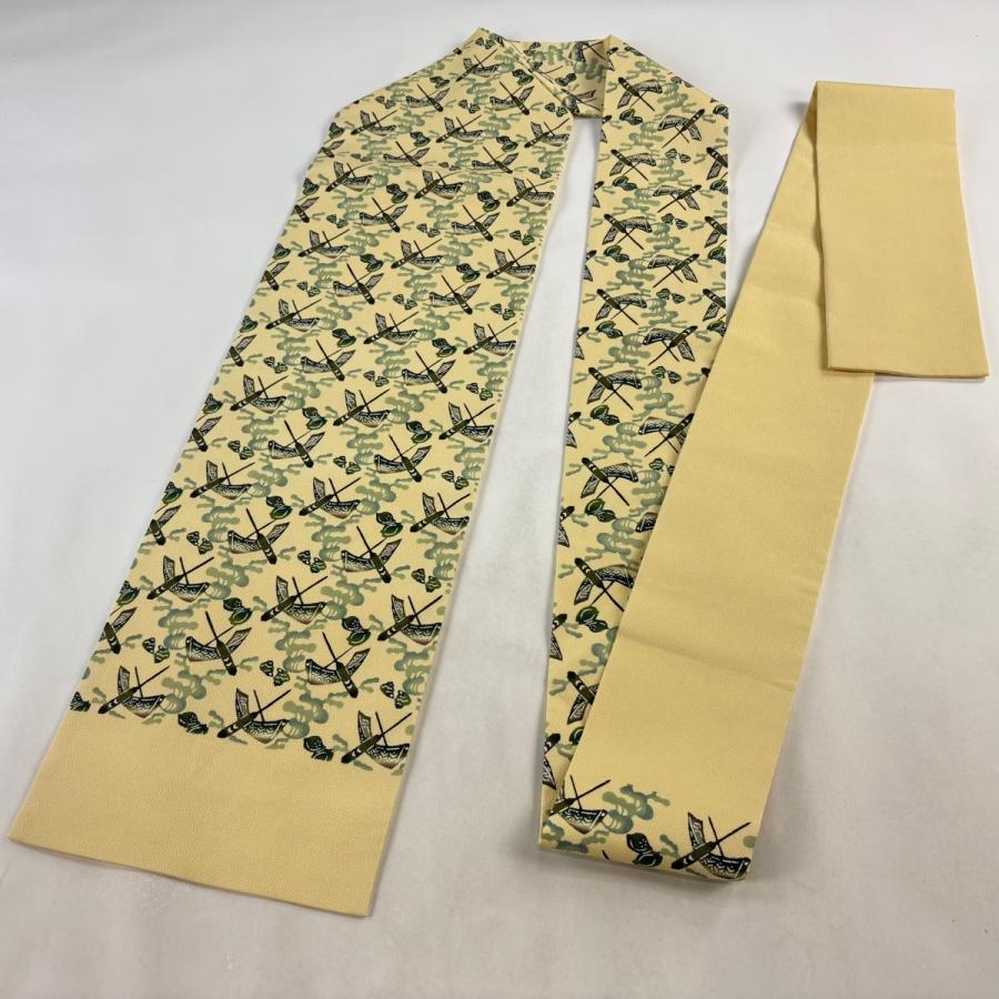 美品 名古屋帯 逸品 城間栄順 落款あり 琉球びんがた 舟 波 紅型 薄黄 
