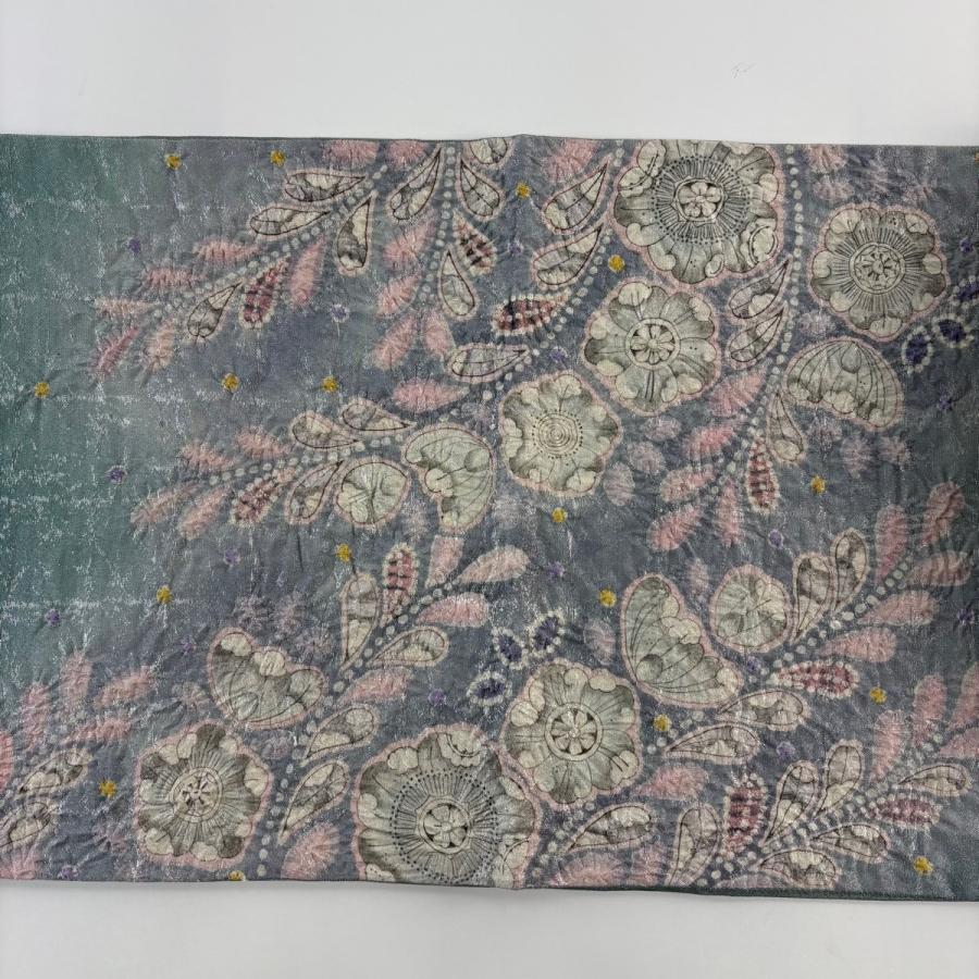 美品 袋帯 名品 辻が花 銀通し 箔 青緑 お太鼓柄 正絹 中古 : リユース