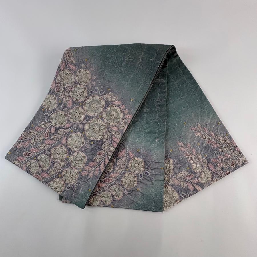 美品 袋帯 名品 辻が花 銀通し 箔 青緑 お太鼓柄 正絹 中古 : リユース