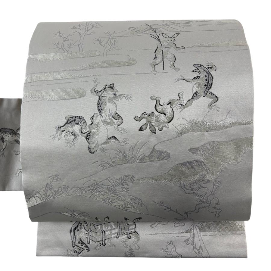 美品 名古屋帯 逸品 鳥獣戯画 灰色 正絹 中古 : リユースセレクト 