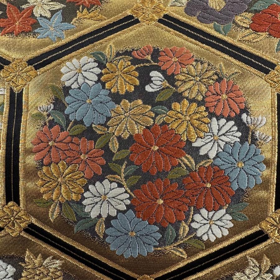 袋帯 秀品 草花 よろけ縞 金糸 箔 金色 六通 正絹 【中古】 袋帯 秀品
