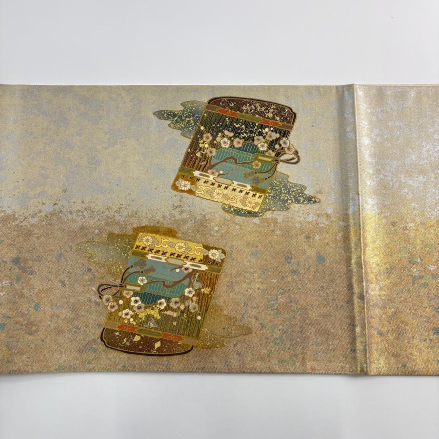 袋帯 秀品 鎧脅し 草花 金銀彩 ベージュ お太鼓柄 正絹 中古 在庫一掃