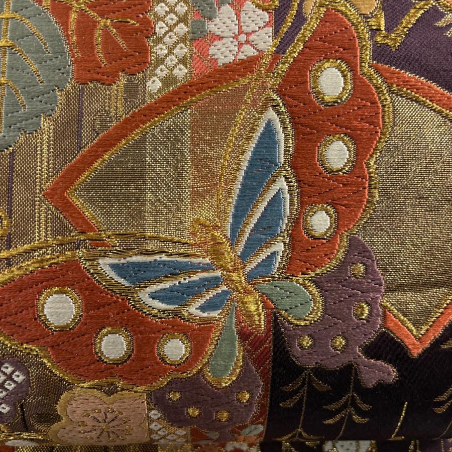美品 袋帯 正絹 黒地 金糸 華文 蝶 花唐草 豪華絢爛 振袖 訪問着 豪華