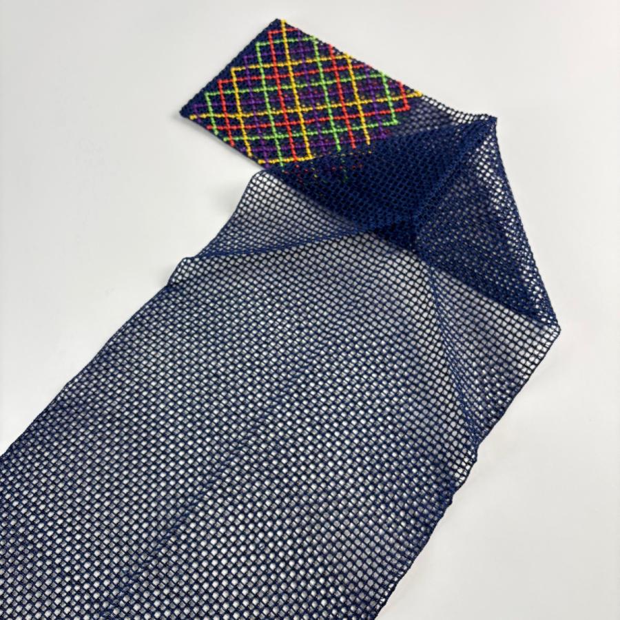 美品 名古屋帯 秀品 夏帯 羅織 八寸名古屋帯 松葉仕立て 斜め格子 青紫