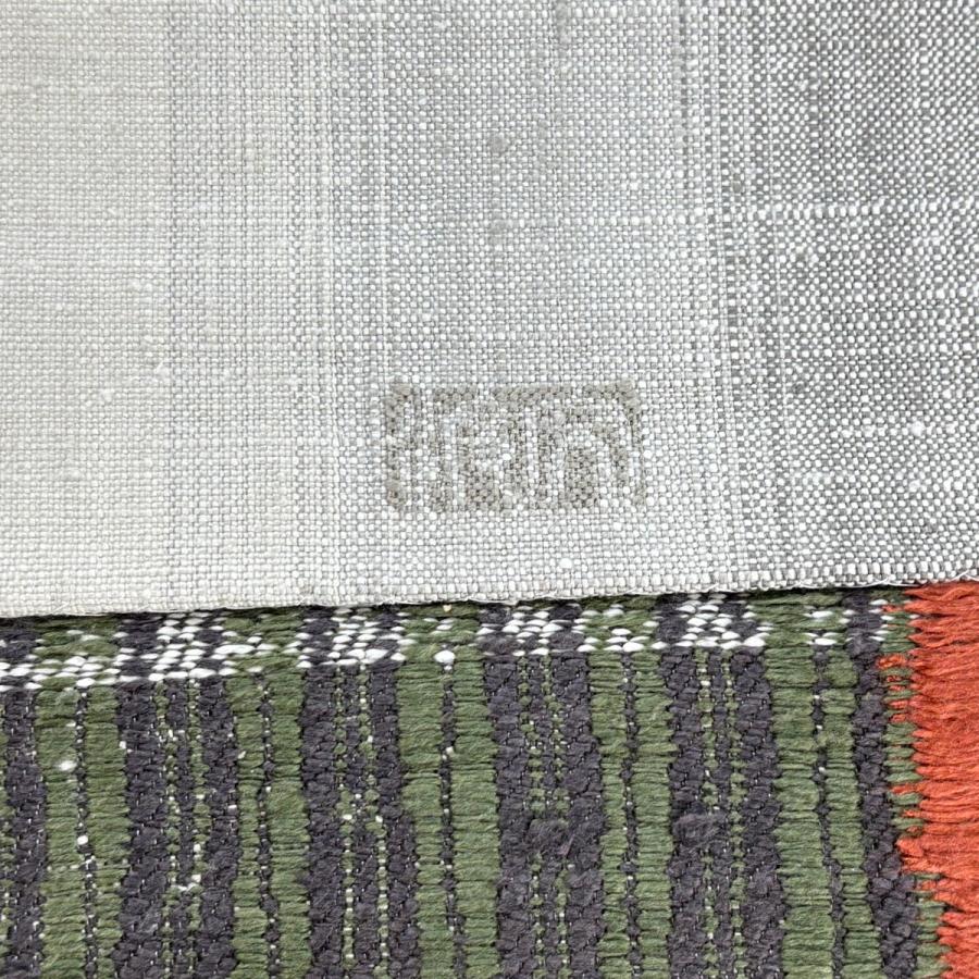 美品 名古屋帯 逸品 渡文 落款あり 八寸名古屋帯 松葉仕立て 幾何学模様 灰緑 正絹 中古_5