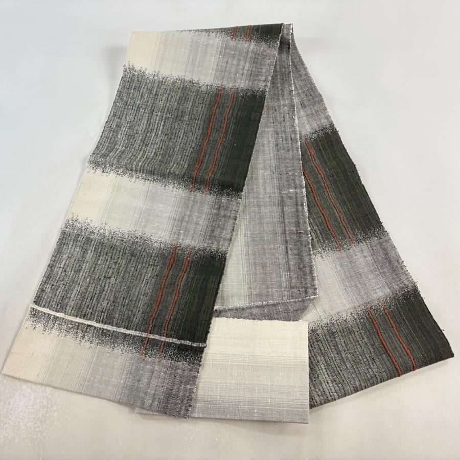 美品 名古屋帯 逸品 渡文 落款あり 八寸名古屋帯 松葉仕立て 幾何学模様 灰緑 正絹 中古_7