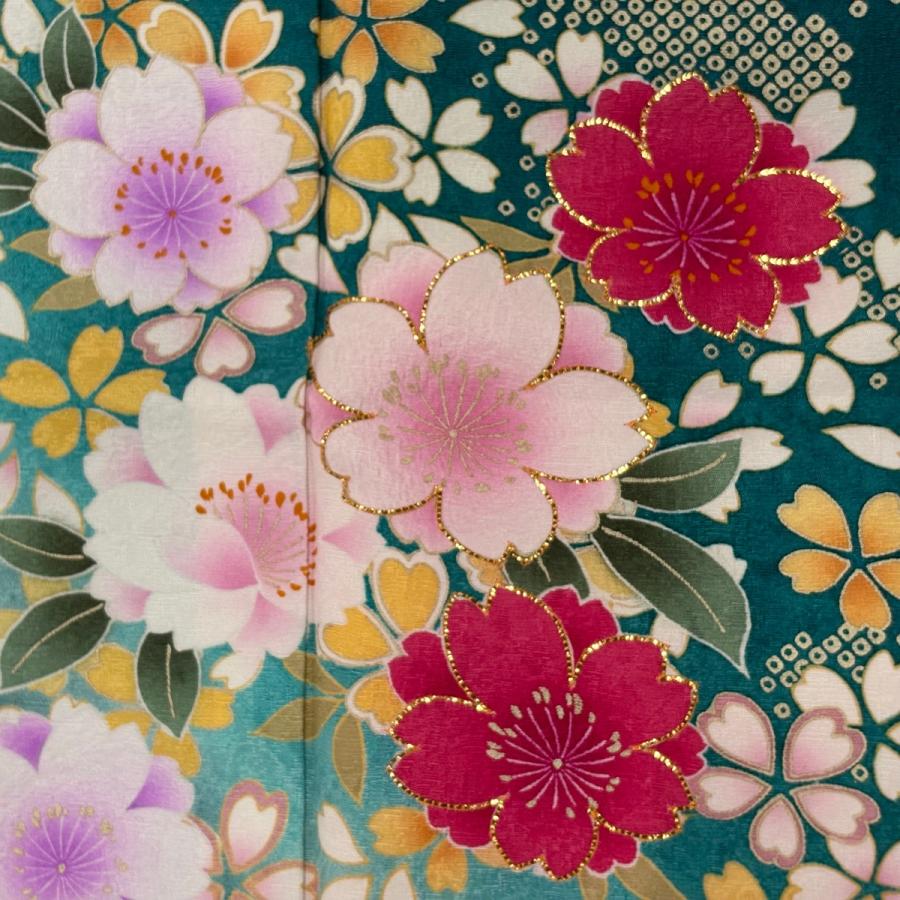 【振袖フルセット】身丈166cm 裄丈68.5cm 桜 霞 箔 金彩 青緑 美品 振袖 身丈166cm 裄丈68.5cm L 袷 袋帯フルセット 桜 霞 箔 金彩