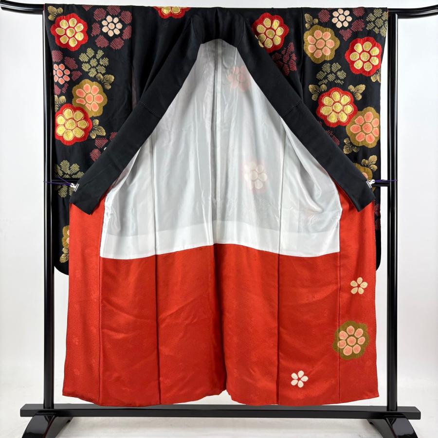 振袖 身丈152.5cm 裄丈64cm M 袷 菊 地紋 金彩 絞り 黒 正絹 名品 中古_2