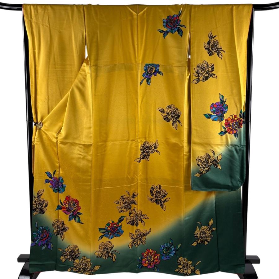 美品 振袖 身丈166cm 裄丈67cm M 袷 薔薇 染め分け 山吹色 正絹 秀品 