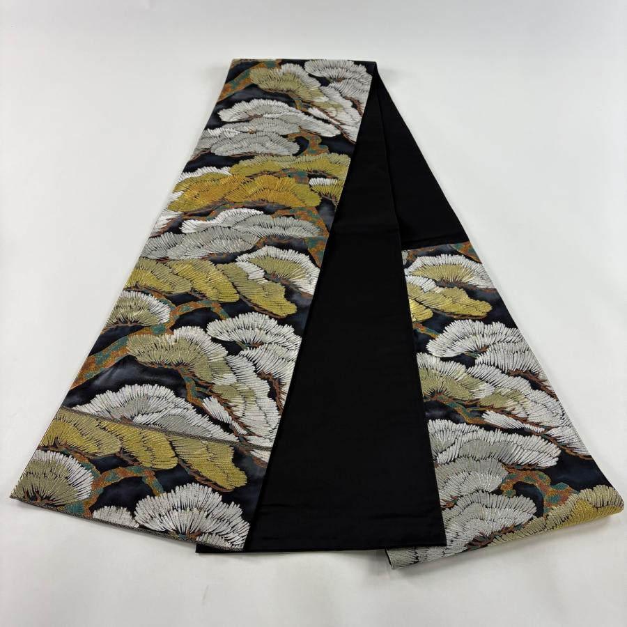 美品 袋帯 名品 関西仕立て 松 金銀糸 唐織 黒 六通 正絹 中古_4