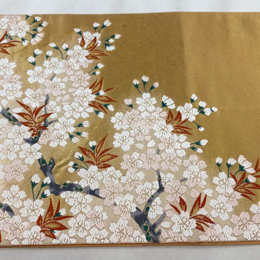 袋帯 名品 落款あり 本家加納 桜 箔 金糸 金色 お太鼓柄 正絹 中古_2