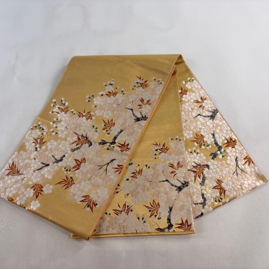 袋帯 名品 落款あり 本家加納 桜 箔 金糸 金色 お太鼓柄 正絹 中古_4