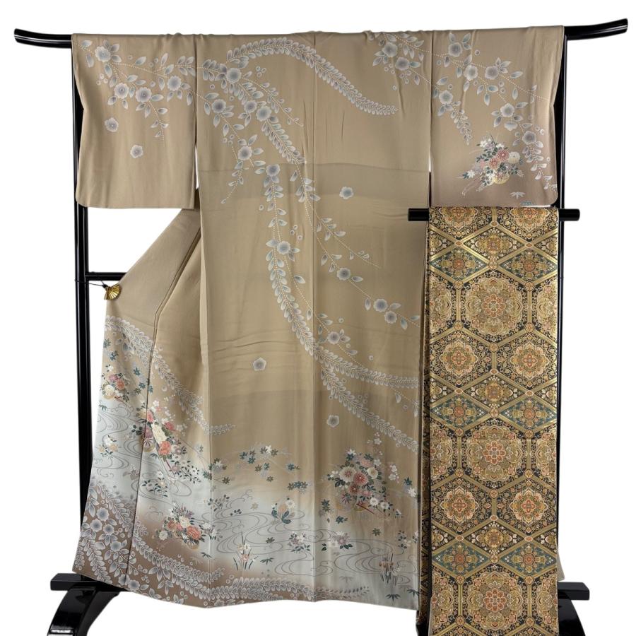 袋帯 美品 ベージュ色に花車 着物・浴衣 LULU25 袋帯 花 花車 枝垂れ 