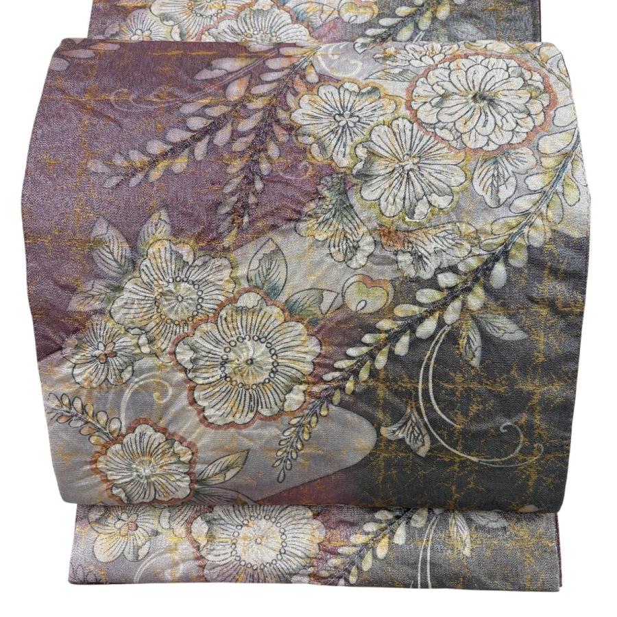 美品 袋帯 名品 辻が花 格子 銀糸 箔 灰紫 六通 正絹 中古 : リユース