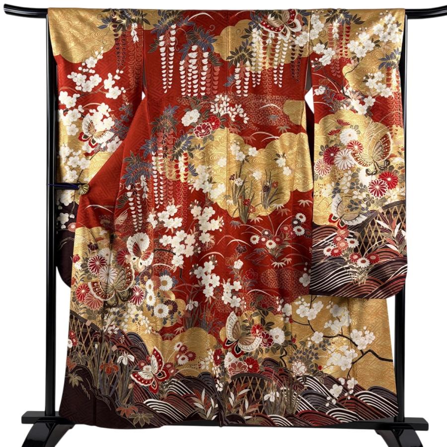 美品 振袖 身丈159cm 裄丈65.5cm M 袷 蝶 秋草 金糸 金彩 赤 正絹 秀品