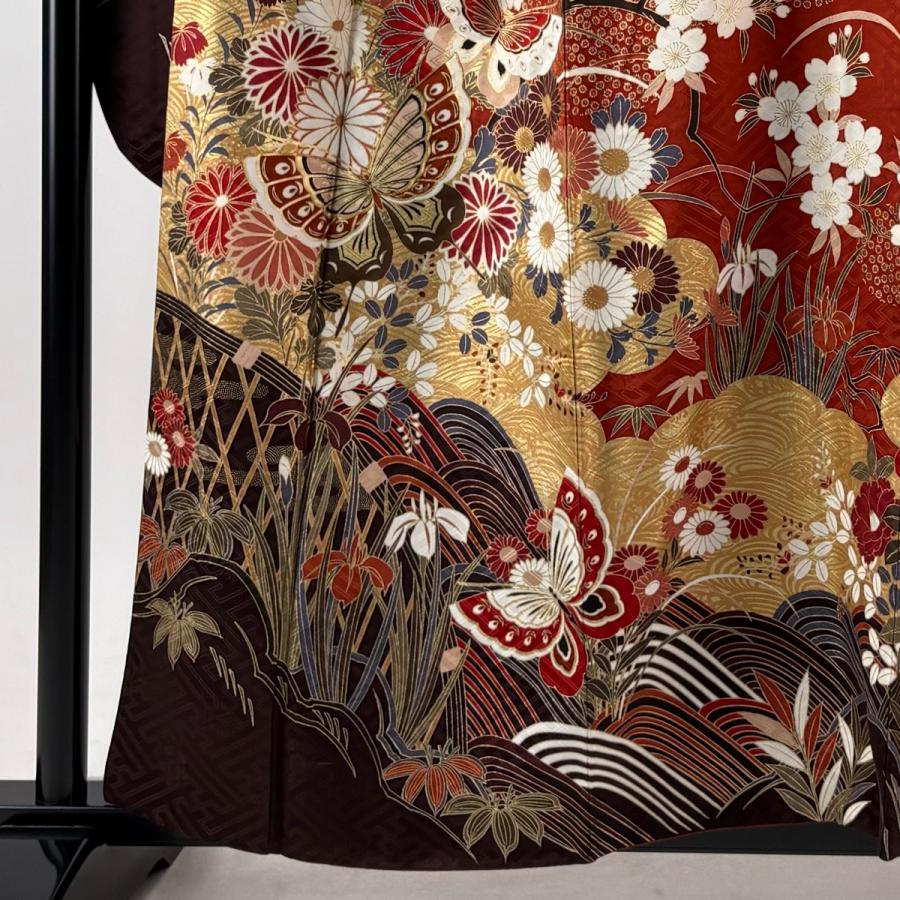 美品 振袖 身丈159cm 裄丈65.5cm M 袷 蝶 秋草 金糸 金彩 赤 正絹 秀品