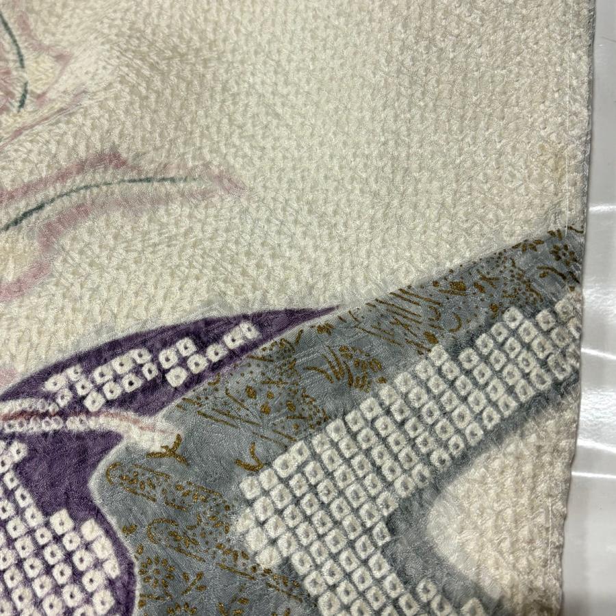 付下げ 身丈171.5cm 裄丈68.5cm L 袷 やまと 草花 流水 絞り 金彩 クリーム 正絹 名品 中古_4