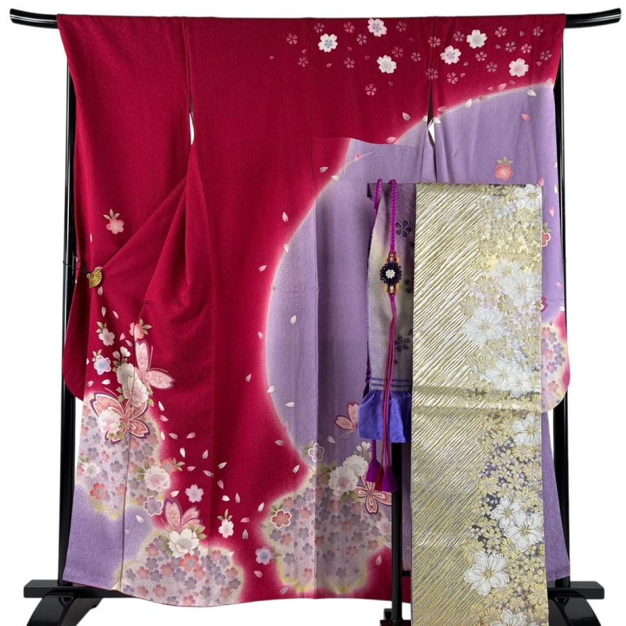 振袖 逸品 身丈159cm 裄丈68.5cm 正絹 【中古】 振袖 身丈159cm 裄丈68.5cm L 袷 袋帯フルセット 蝶 桜 箔 銀通し 赤