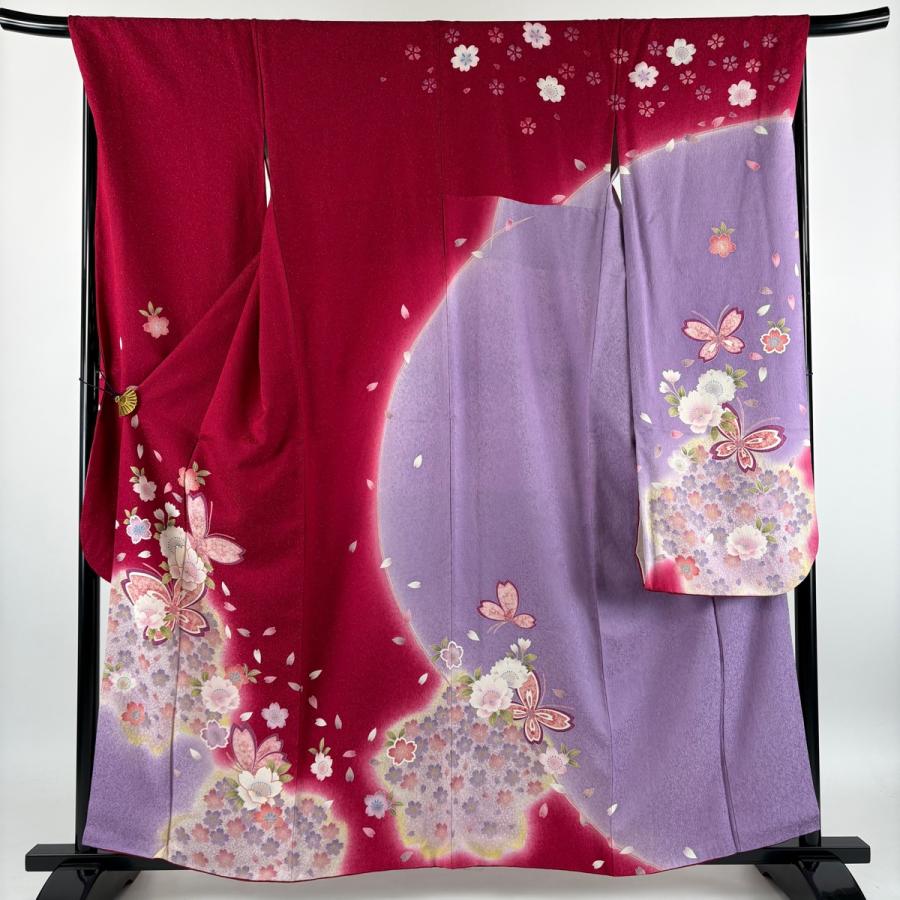 振袖 身丈159cm 裄丈68.5cm L 袷 袋帯フルセット 蝶 桜 箔 銀通し 赤