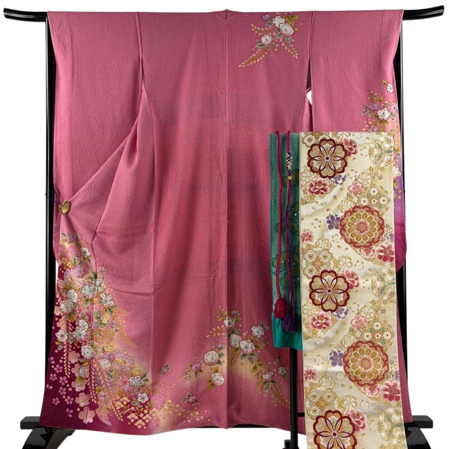 成人式 振袖 身丈161cm 裄丈66cm 袋帯 小物 草履 バッグ フルセット 正絹 美品 ピンク系 レディース 振袖 振袖 身丈161cm 裄丈66.5cm M 袷 袋帯フルセット 辻が花 金通し 金彩