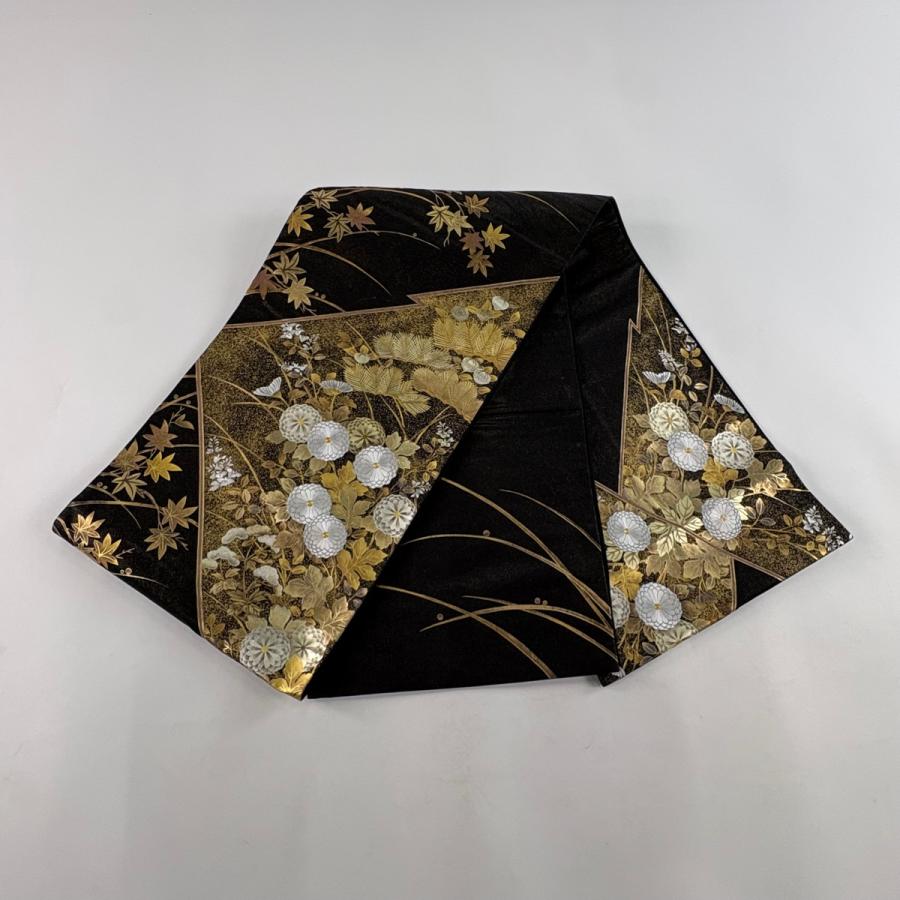 美品 袋帯 秀品 菊 笠松 刺繍 金銀彩 黒 お太鼓柄 正絹 中古 