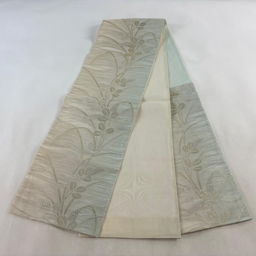 袋帯 秀品 夏帯 紗 萩 箔 銀糸 水色 六通 正絹 中古 : リユース