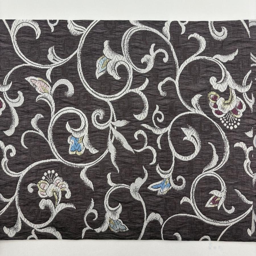 美品 開き名古屋帯 名品 松葉仕立て 花唐草 箔 灰紫 正絹 中古