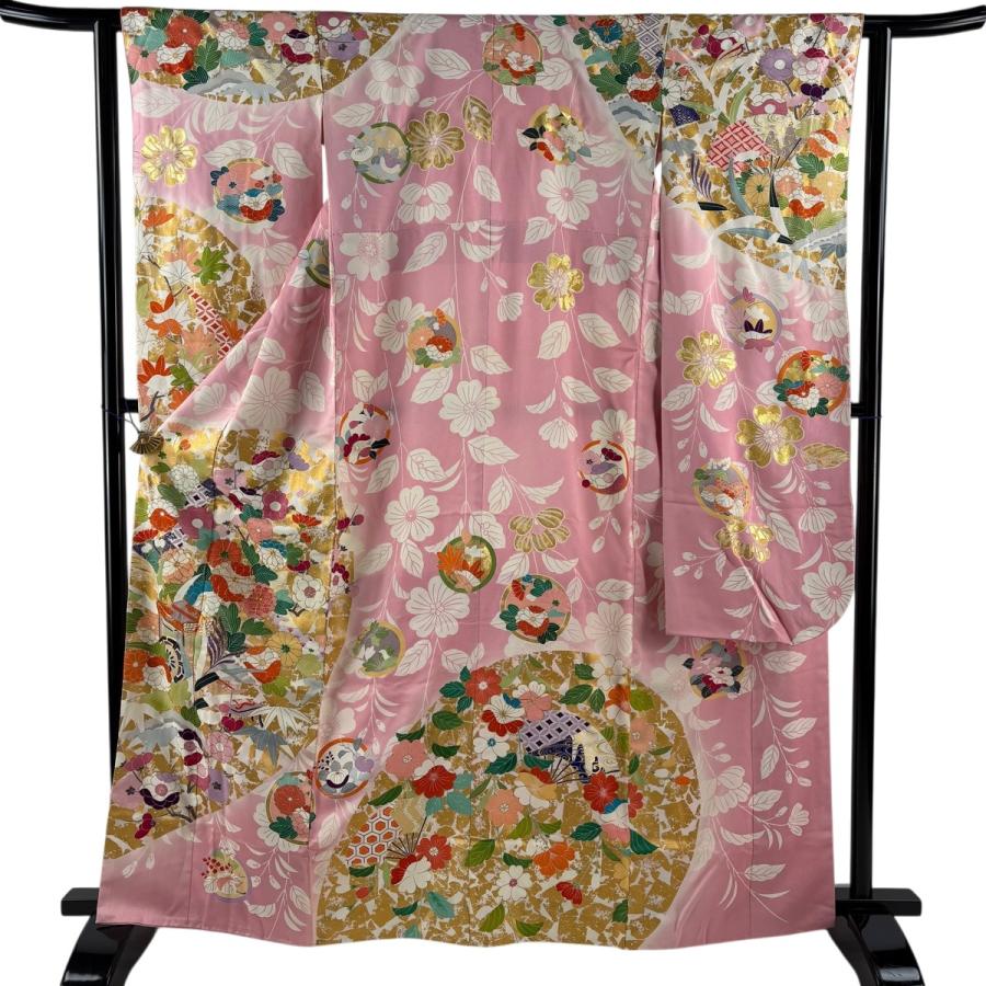振袖 身丈165.5cm 裄丈61.5cm S 袷 千總 落款あり 御所車 菊 金糸 金彩