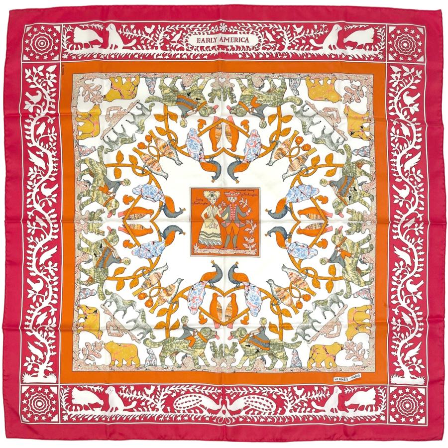 美品エルメス スカーフ EARLY AMERICA カレ90 シルク HERMES（エルメス） カレ90 EARLY AMERICA 古き良きアメリカ 動物柄